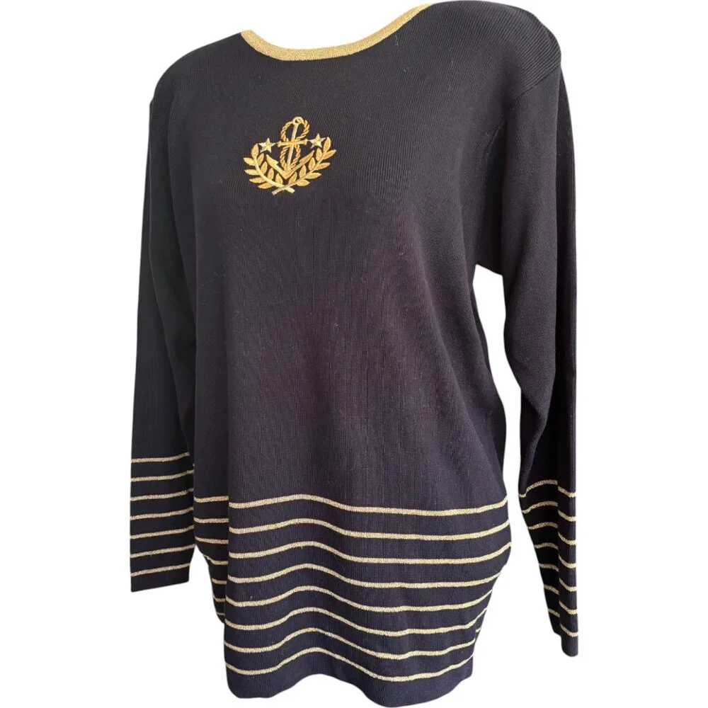 Casual Corner Vintage Nautical Anchor Crest Sweater Black Gold Metallic Womens M